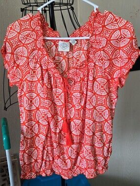 St. John's Bay Orange Boho Cotton Peasant Top Blouse Size PS